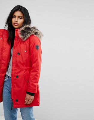 womens red parka with fur hood