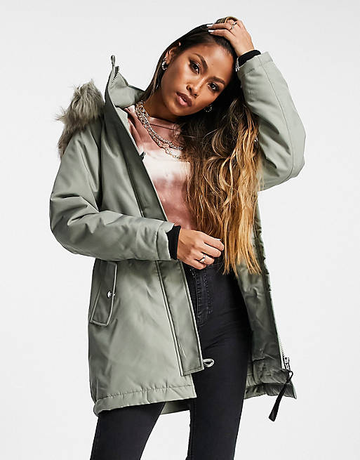 Only parka with faux fur lined hood in green