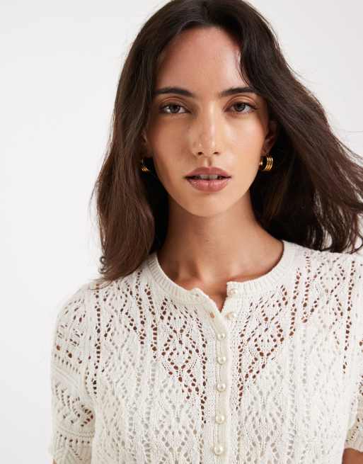 ONLY pearl button crochet cardigan in cream, 3 of 4
