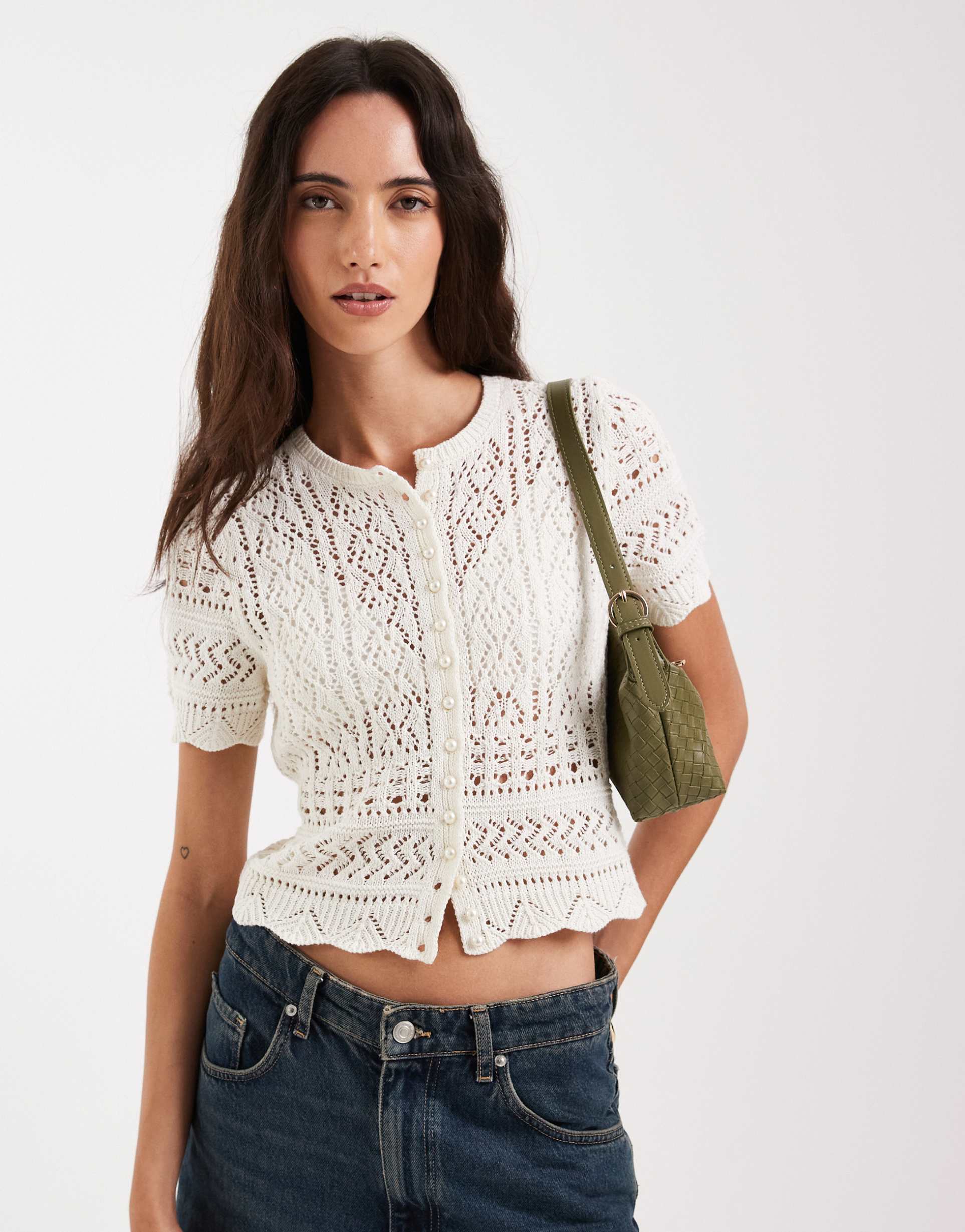 only pearl buttons crochet cardigan in cream