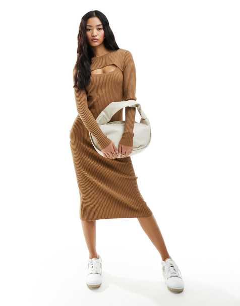 Only peekaboo detail ribbed midi dress in brown - view 1