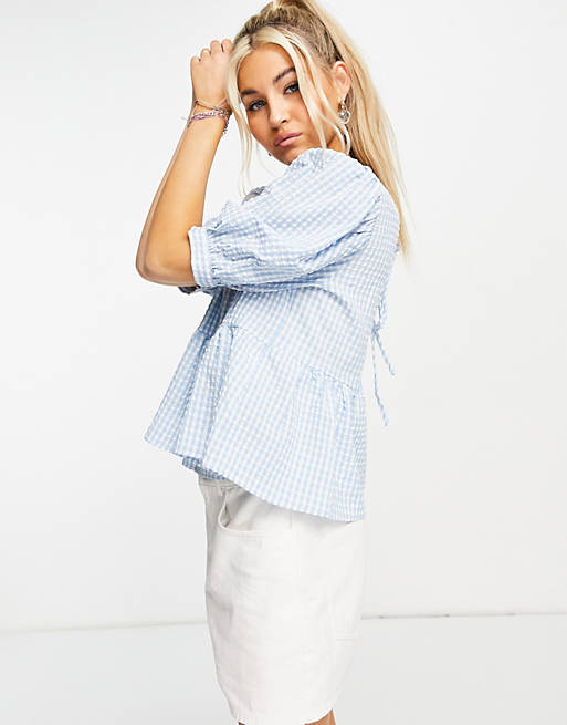 Tops Only peplum blouse with tie back detail and puff sleeves in blue gingham 