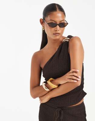 Only Petite Asymmetric Crinkled Textured Top Co-ord In Brown