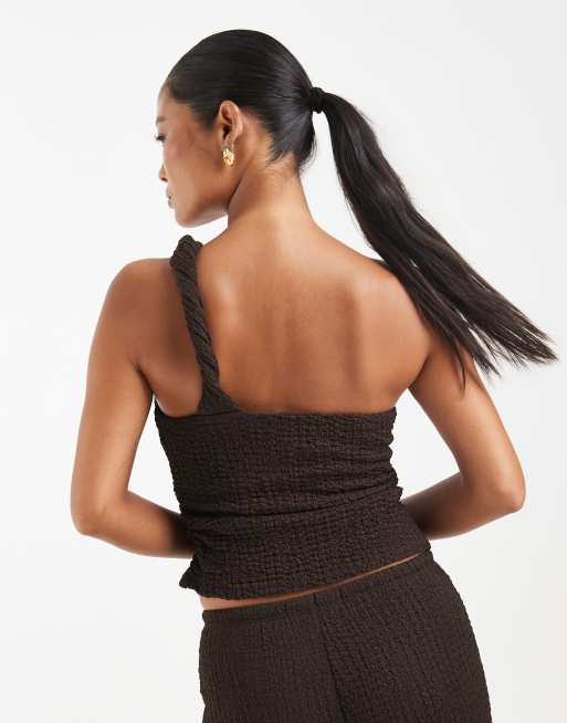 ONLY Petite asymmetric crinkled textured top in dark brown (part of a set), 4 of 4