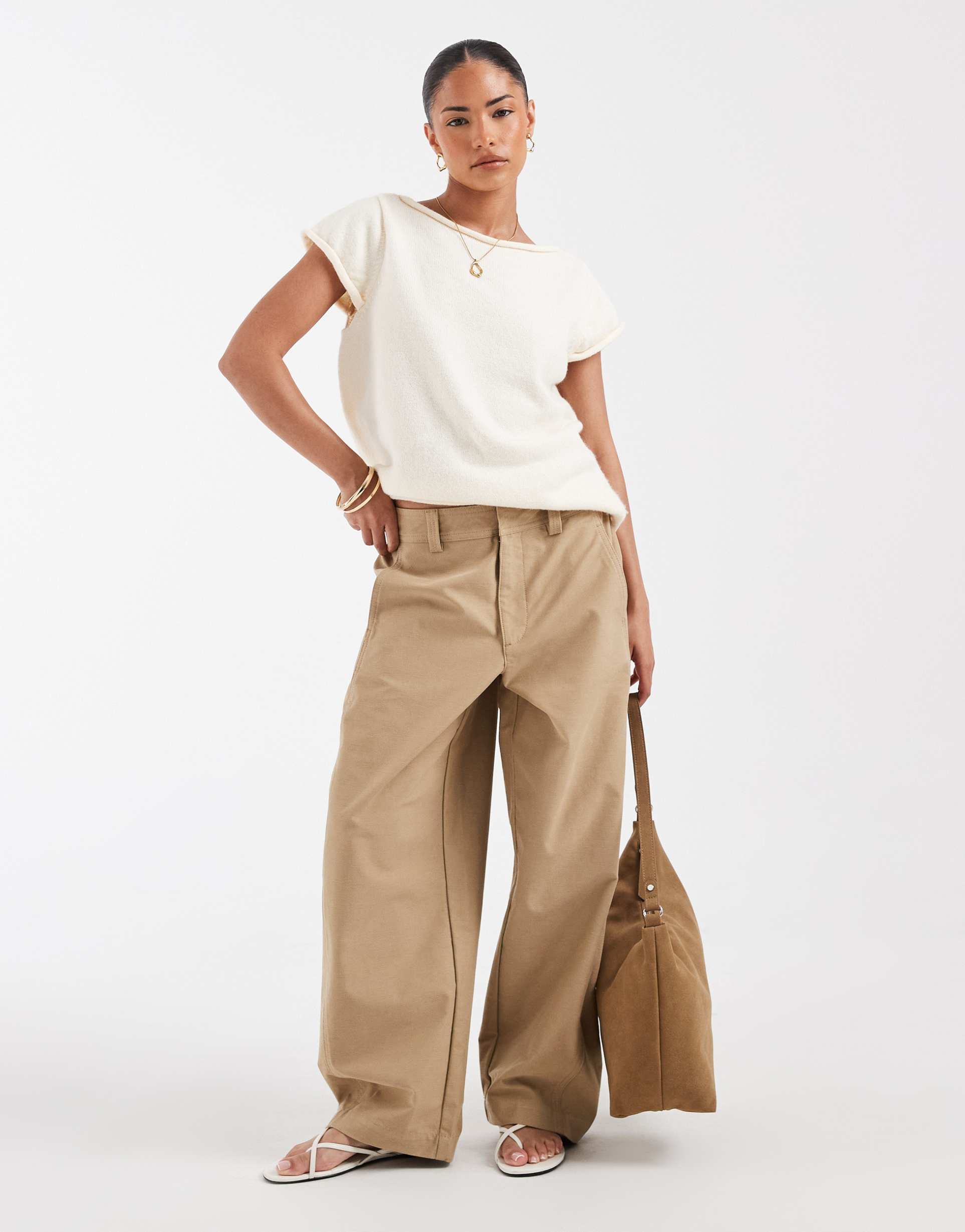 only petite barrel leg cargo pants in beige