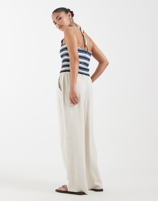 ONLY Petite - Beige pull on-bukser i hørblanding med vide ben, 5 af 5