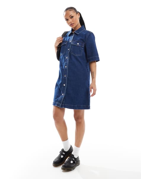 Only Petite - Blå denimkjole med korte ærmer i mørk vask - view 1