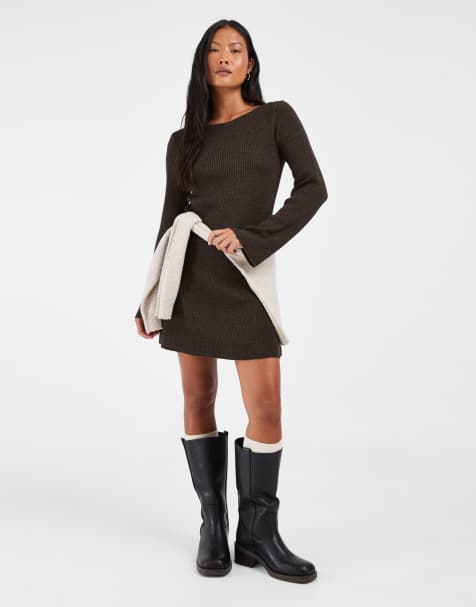 ONLY Petite boatneck knit mini skater dress in brown - view 1