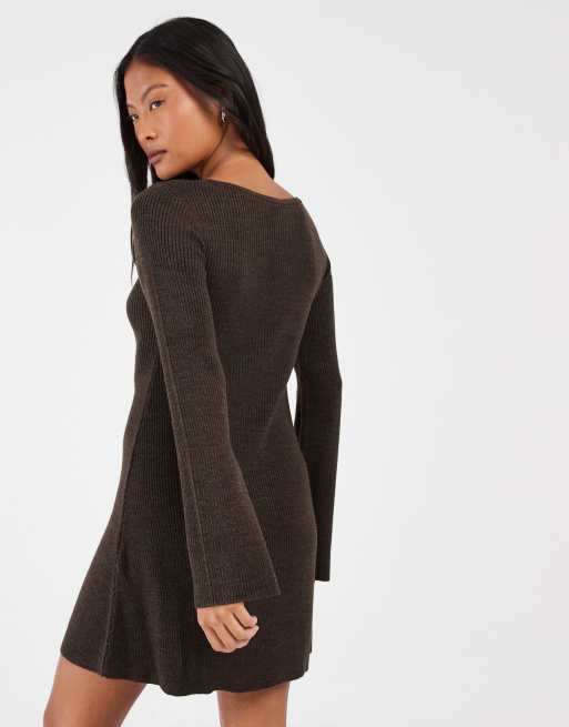 ONLY Petite boatneck knit mini skater dress in brown, 4 of 4