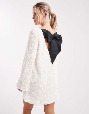 ONLY Petite bow back detail sequin mini dress in white