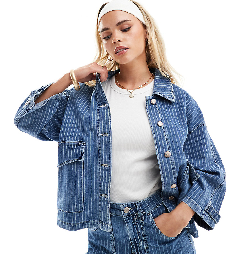 Only Petite Boxy Denim Jacket In Stripe - Part Of A Set-blue