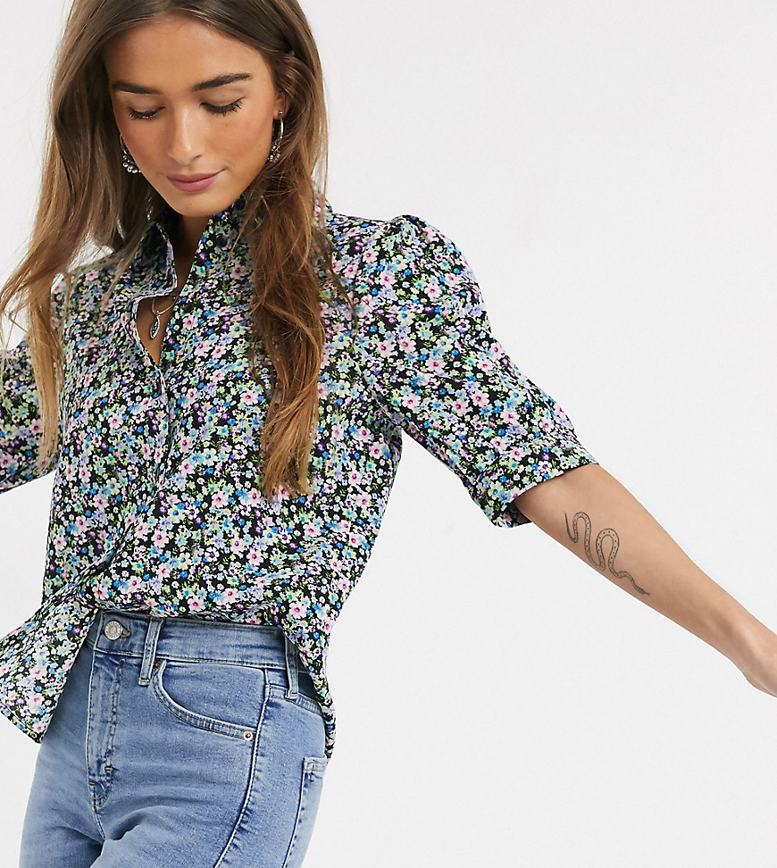 Only Petite boxy shirt in black floral-Multi
