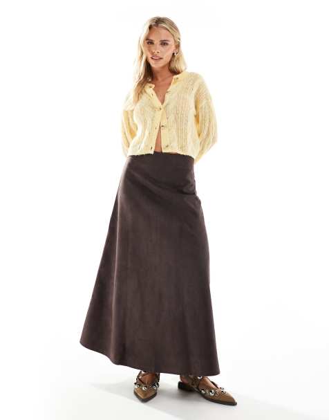 ONLY Petite faux suede maxi skirt in brown