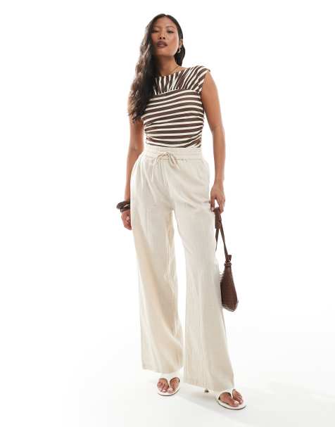 ONLY Petite - Broek met linnenlook en wijde pijpen in beige - view 1