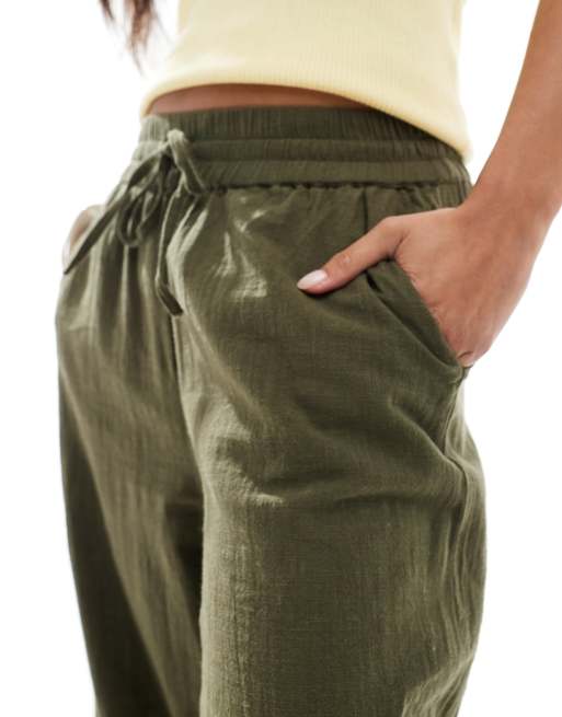 ONLY Petite - Broek met linnenlook en wijde pijpen in kaki, 4 van 5