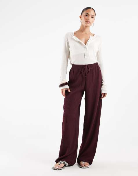 ONLY Petite broek met textuur en wijde pijpen in donker pruim - view 1