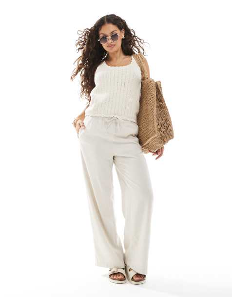 ONLY Petite - Broek van linnenmix met elastische taille in stone - view 1