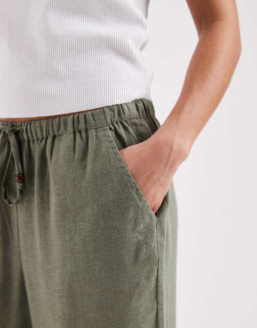 ONLY Petite - Broek van linnenmix met wijde pijpen in licht kaki, 5 van 5