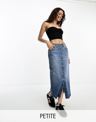 Only Petite button down denim maxi skirt in mid blue | ASOS