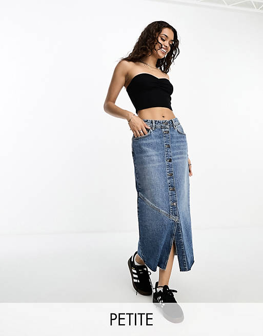 Only Petite button down denim maxi skirt in mid blue | ASOS