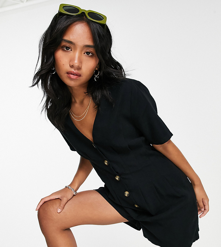 Only Petite button front romper with short sleeve in black