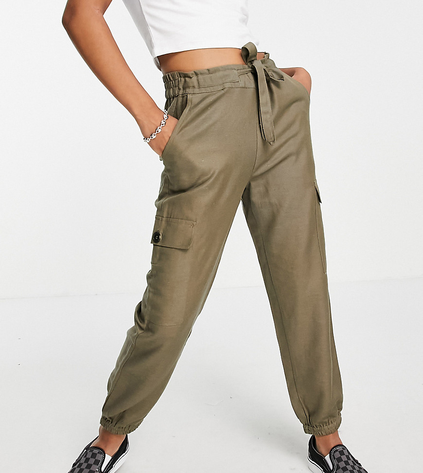 Only Petite cargo pants with tie waist in khaki-Green