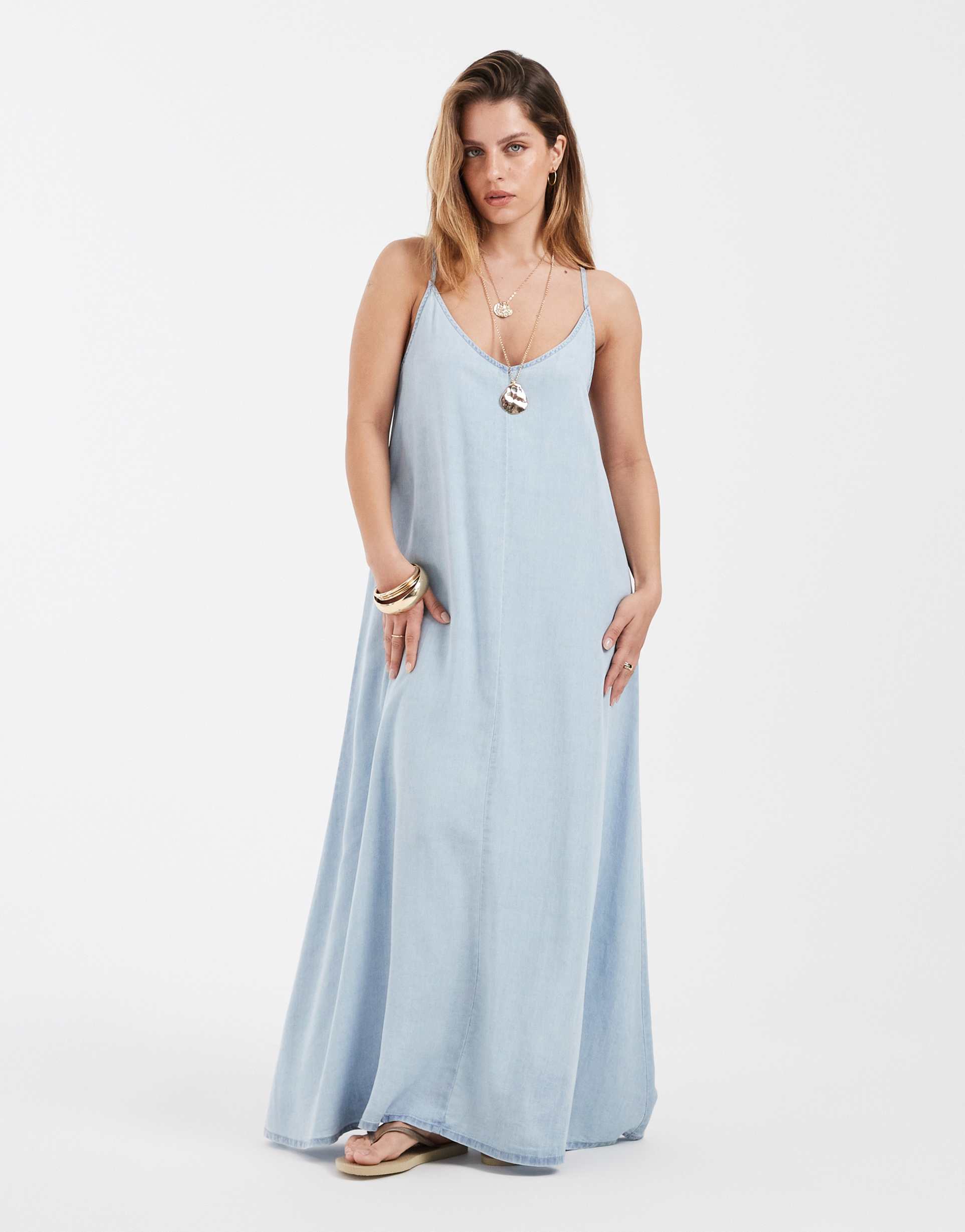 only petite chambray maxi dress in light blue