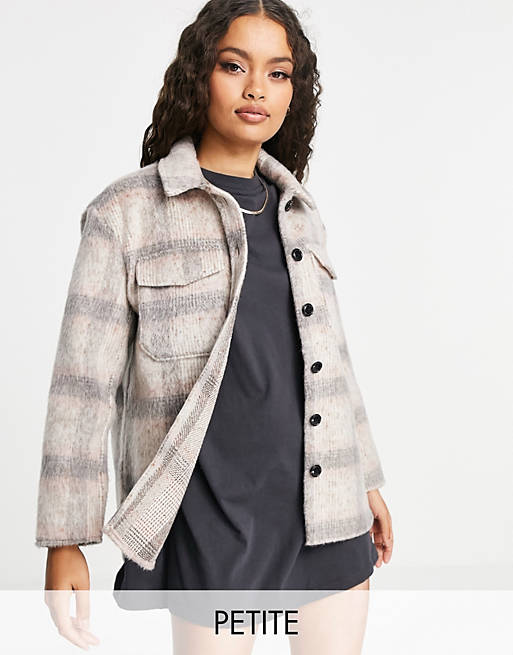 Women Only Petite checked shacket in grey and pink 