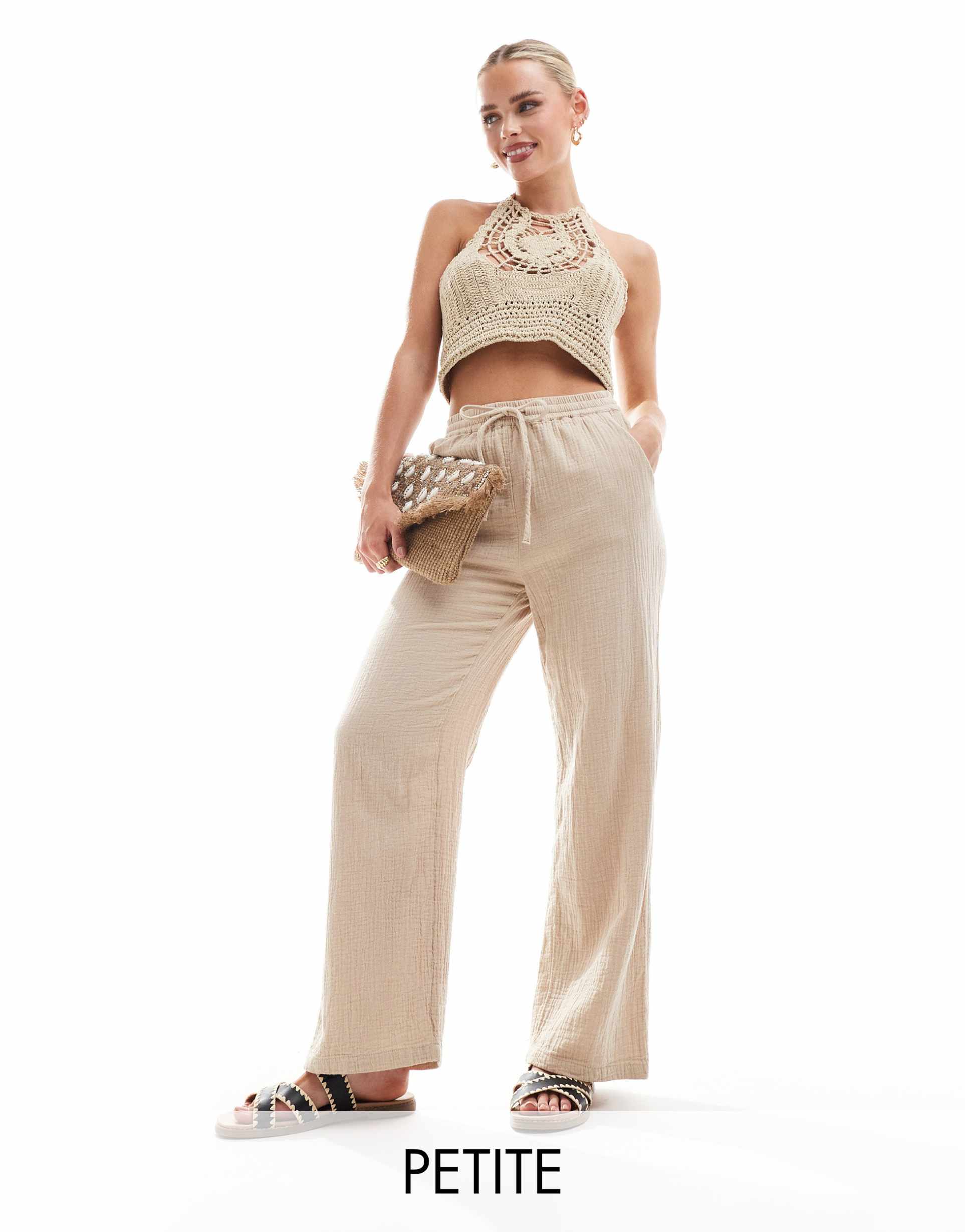 only petite cheesecloth wide leg pants in beige