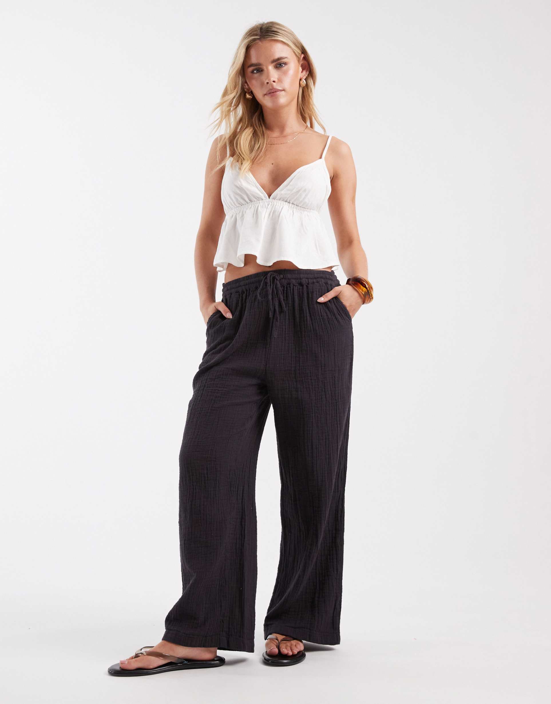 only petite cheesecloth wide leg pants in charcoal