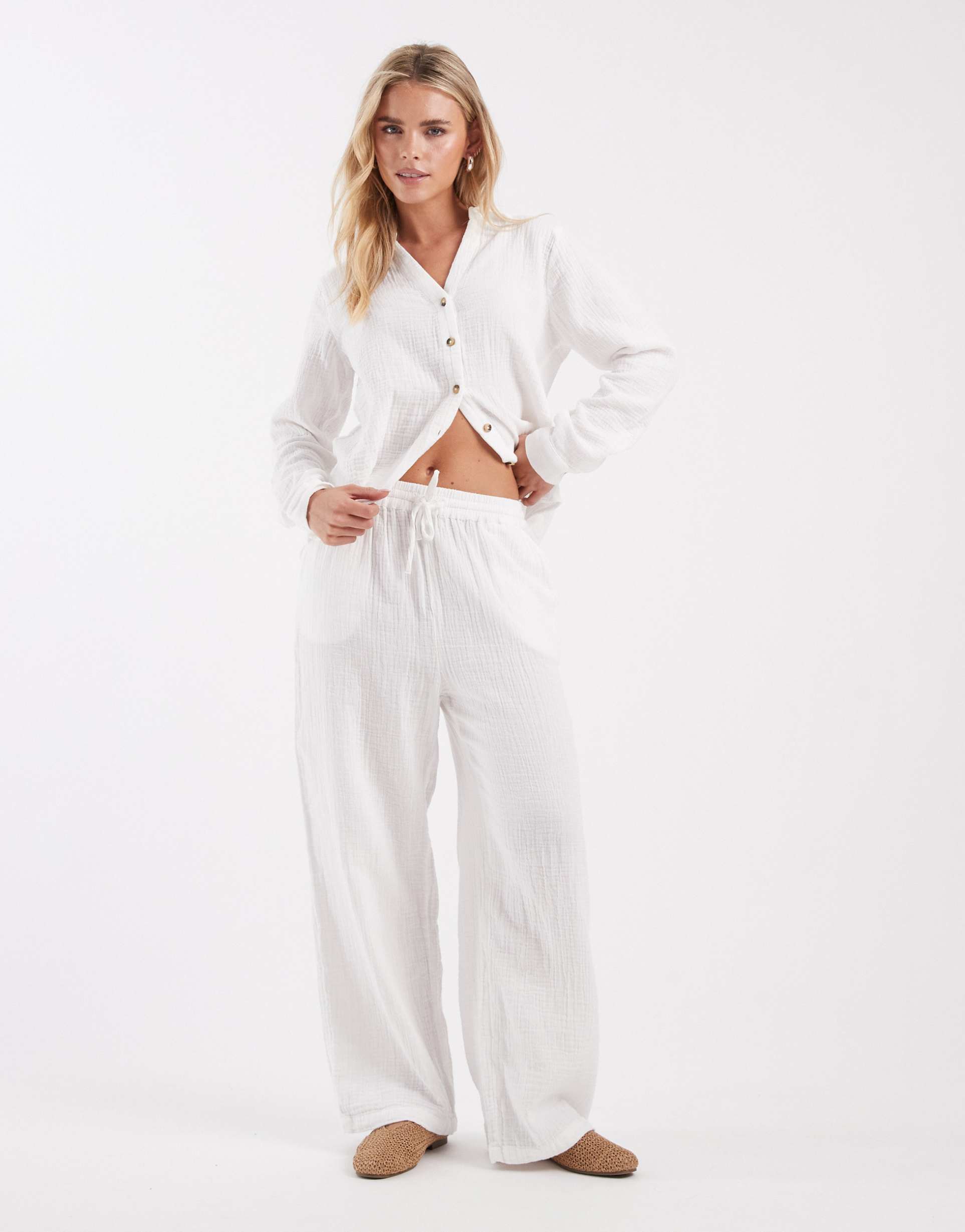 only petite cheesecloth wide leg pants in white - part of a set