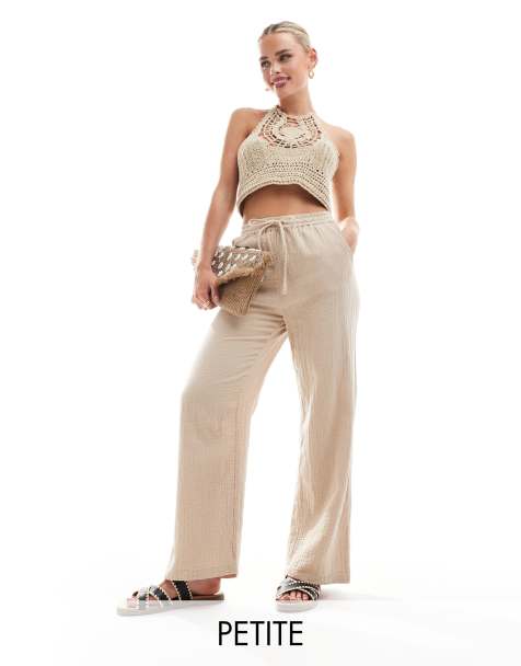 ONLY Petite cheesecloth wide leg trouser in beige  - view 1