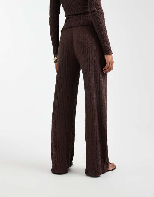ONLY Petite – Chokladbruna, texturerade byxor med vida ben, del av set, 3 av 5