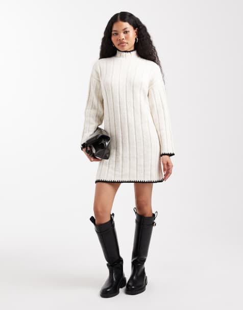 ONLY Petite contrast stitch knitted mini dress in white - view 1