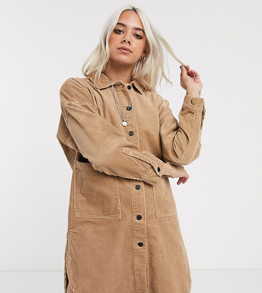 Only Petite cord oversized shirt dress in beige