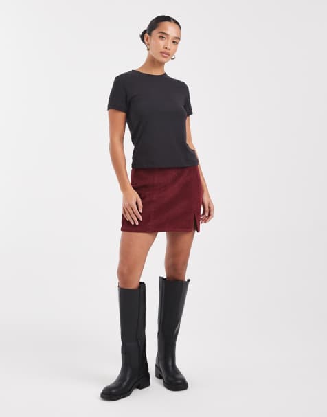 ONLY Petite cord skirt in burgundy