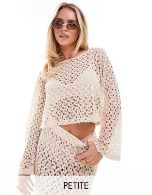 Only Petite ONLY Petite crochet long sleeve top co-ord in cream-White