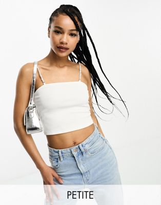 Only Petite Crop Top With Pearl Straps In White