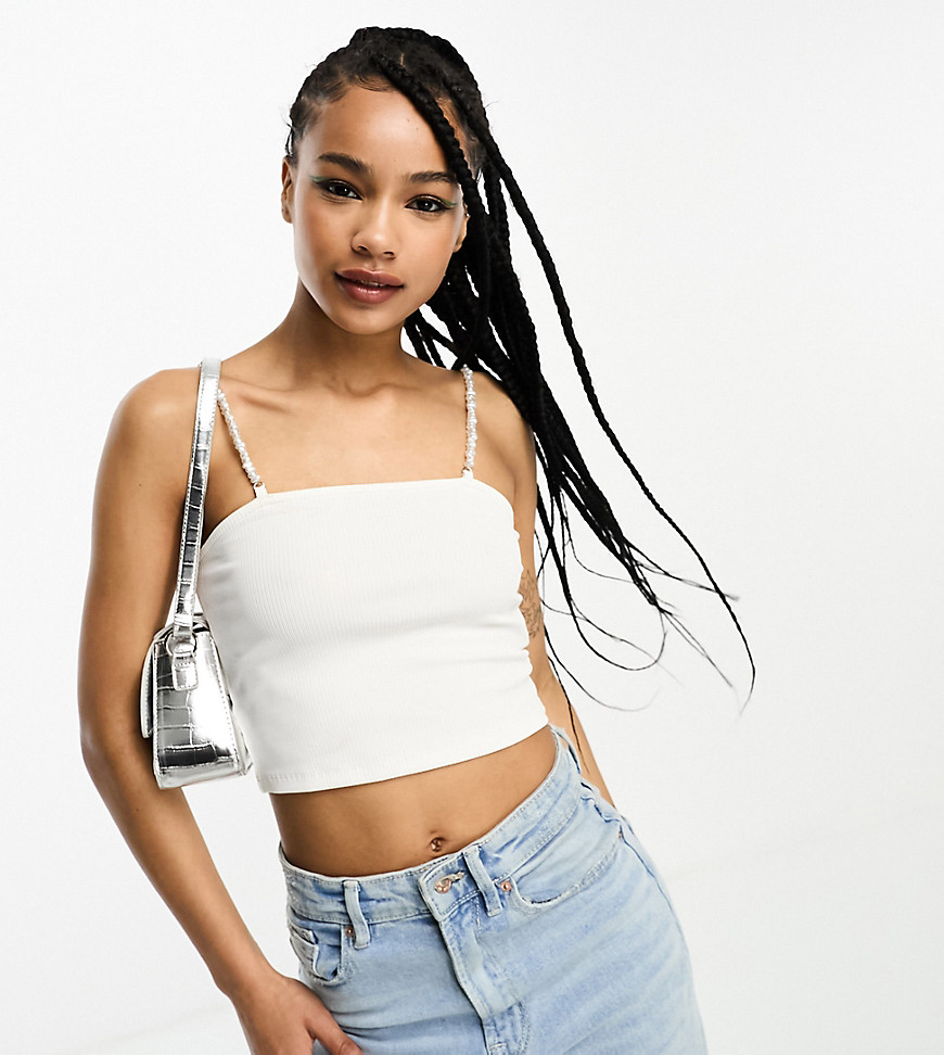 Only Petite crop top with pearl straps in white