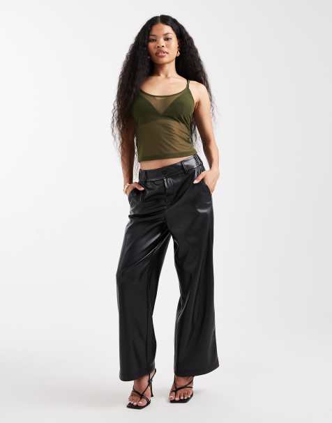 ONLY Petite wide leg faux leather trousers in black