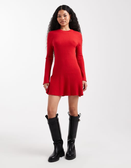 ONLY Petite – Czerwona dzianinowa sukienka skater mini, 3 z 4