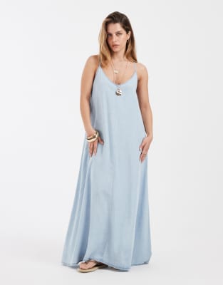 ONLY Petite denim maxi dress in light blue
