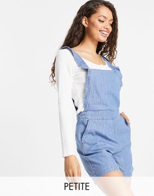 Only Petite denim playsuit with frill detail in light blue