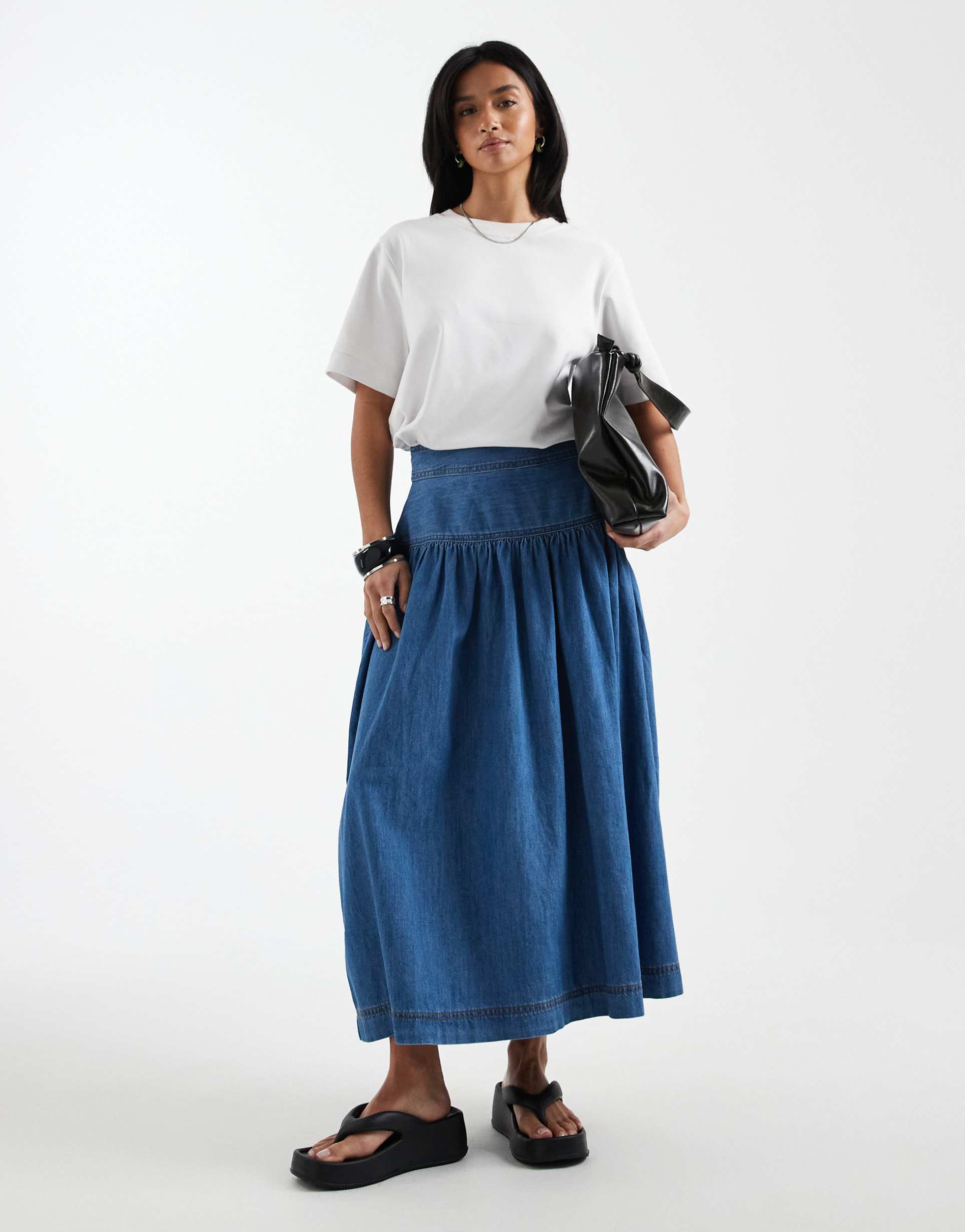 only petite dropped waist denim midaxi skirt in mid blue