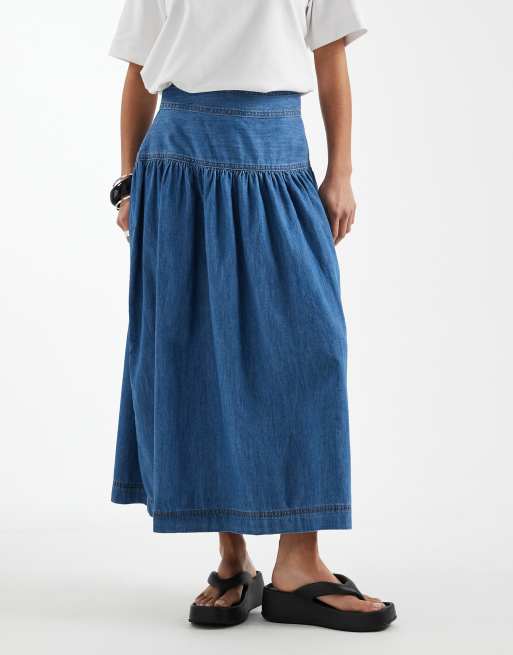 ONLY Petite dropped waist denim midaxi skirt in mid blue, 2 of 5