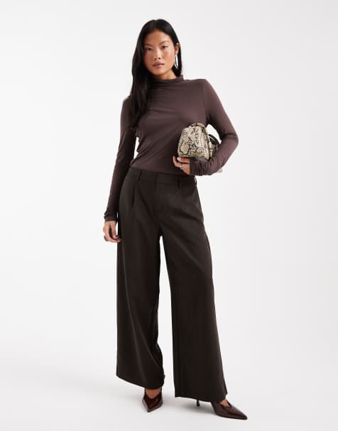 ONLY Petite - Elegante broek met wijde pijpen en lage taille in bruin met krijtstreep - view 1