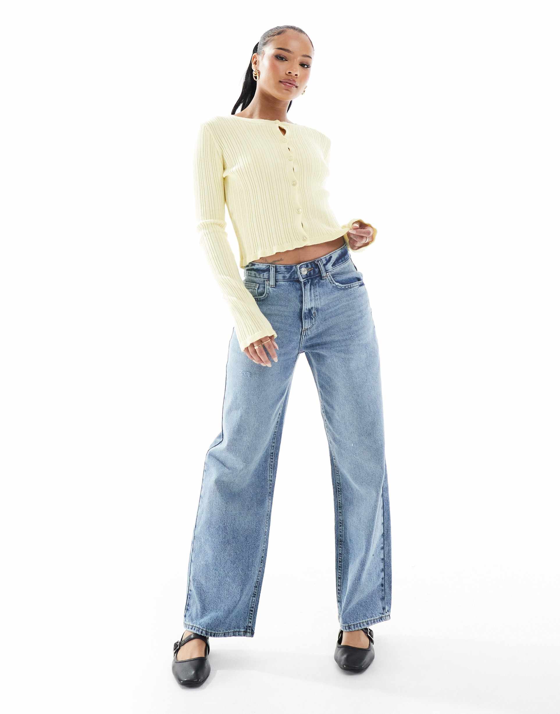 only petite ella mid waist straight fit jeans in mid blue
