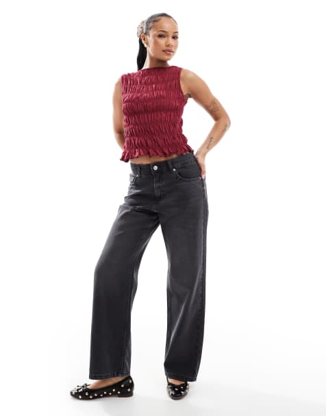 ONLY Petite – Ella – Svarttvättade, raka jeans med medelhög midja - view 1