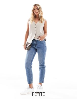 Only Petite ONLY Petite Emily high waisted straight leg jeans in mid blue