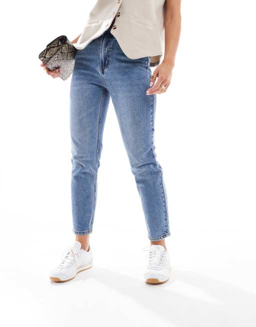 Only Petite - Emily - Højtaljede jeans i mellemblå vask med lige ben og slitage	, 5 af 5